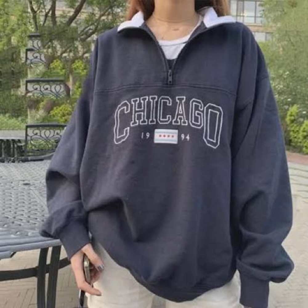 Brandy Melville Navy Chicago Half-Zip Pullover
